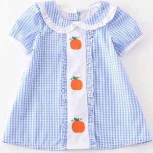 NEW Embroidered Pumpkin Dress Size 6 Blue and White Checkered Thanksgiving Fall
